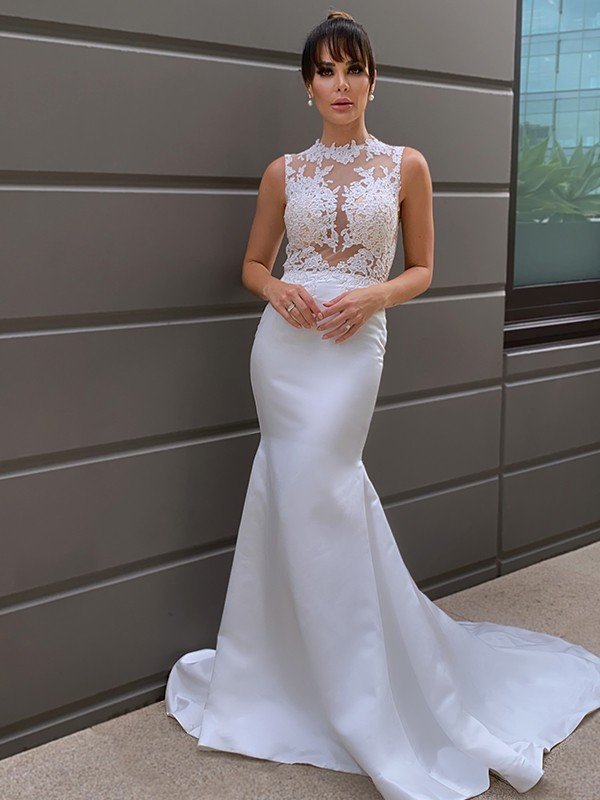 Trumpet/Mermaid Sleeveless Applique Scoop Satin Court Train Wedding Dresses CICIP0006530