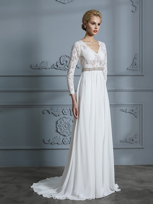 A-Line/Princess 3/4 Sleeves V-neck Lace Sweep/Brush Train Chiffon Wedding Dresses CICIP0006390