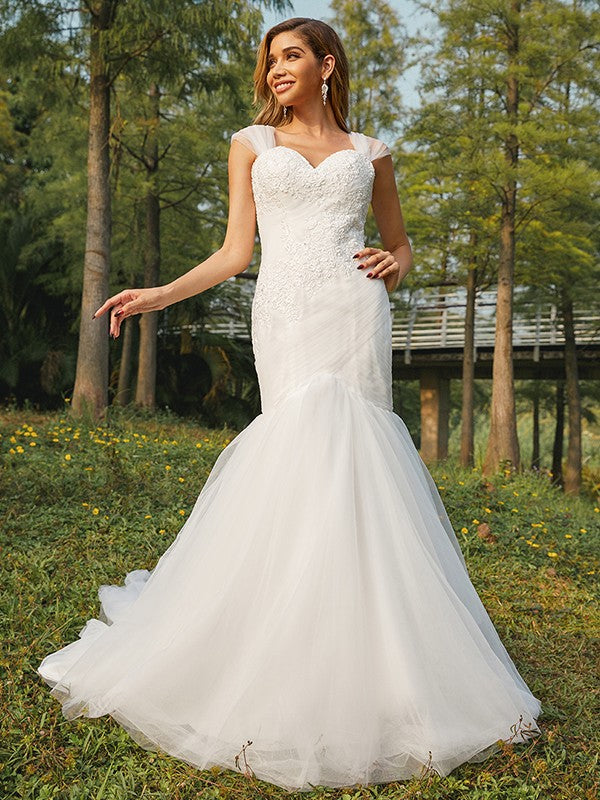 Trumpet/Mermaid Tulle Applique Sweetheart Sleeveless Sweep/Brush Train Wedding Dresses CICIP0006506