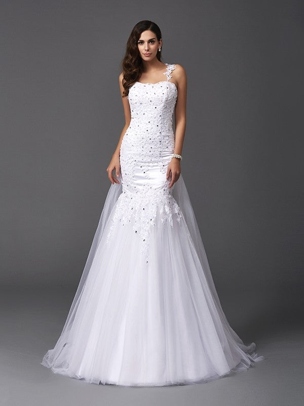 Trumpet/Mermaid Straps Beading Sleeveless Long Net Wedding Dresses CICIP0006774