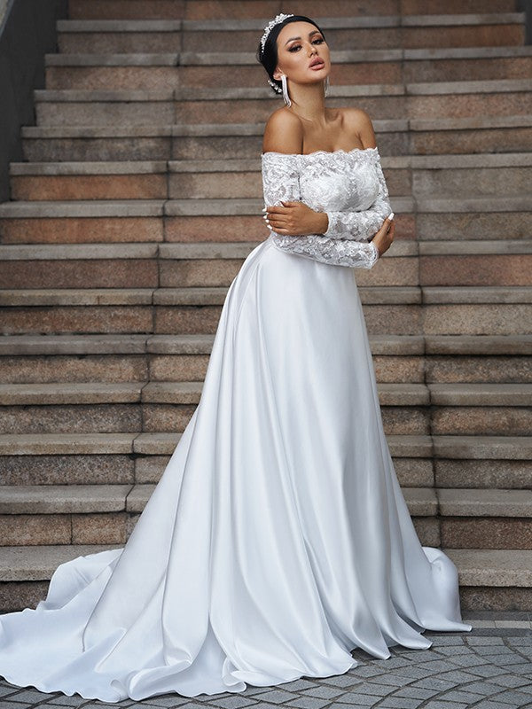 A-Line/Princess Satin Lace Off-the-Shoulder Long Sleeves Sweep/Brush Train Wedding Dresses CICIP0006508