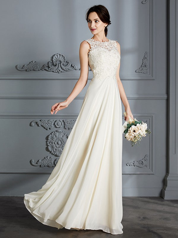 A-Line/Princess Scoop Chiffon Sleeveless Floor-Length Wedding Dresses CICIP0006190