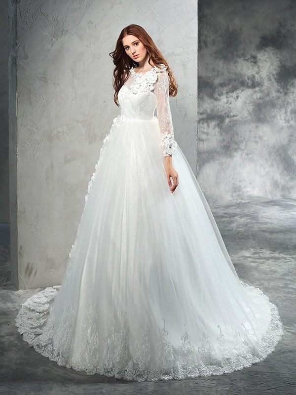 Ball Gown Sheer Neck Hand-Made Flower Long Sleeves Long Net Wedding Dresses CICIP0006751