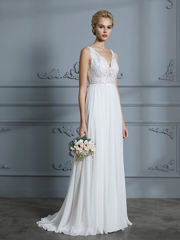 A-Line/Princess Sleeveless V-neck Sweep/Brush Train Chiffon Wedding Dresses CICIP0006388