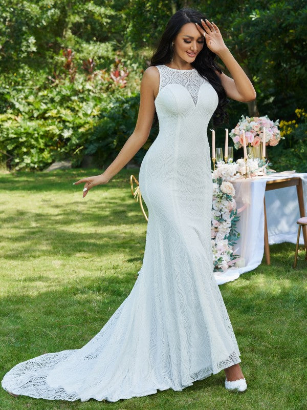 Trumpet/Mermaid Lace Ruffles Scoop Sleeveless Sweep/Brush Train Wedding Dresses CICIP0006397