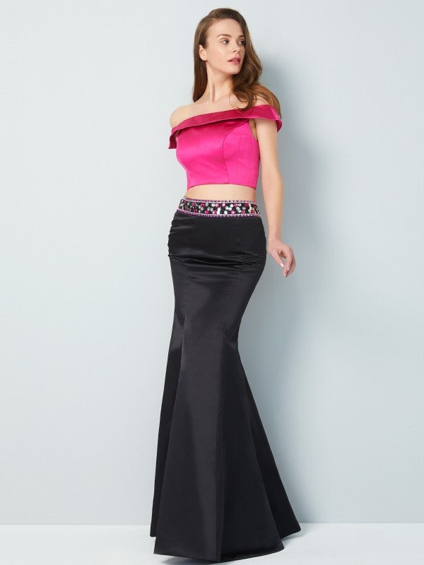 Trumpet/Mermaid Off-the-Shoulder Sleeveless Floor-Length Beading Satin Two Piece Dresses CICIP0003947