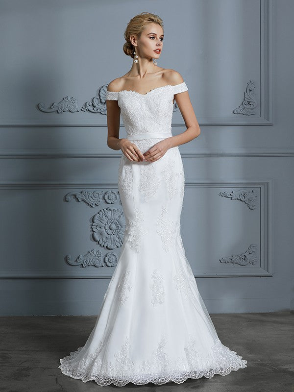 Trumpet/Mermaid Off-the-Shoulder Sleeveless Lace Sweep/Brush Train Tulle Wedding Dresses CICIP0006423