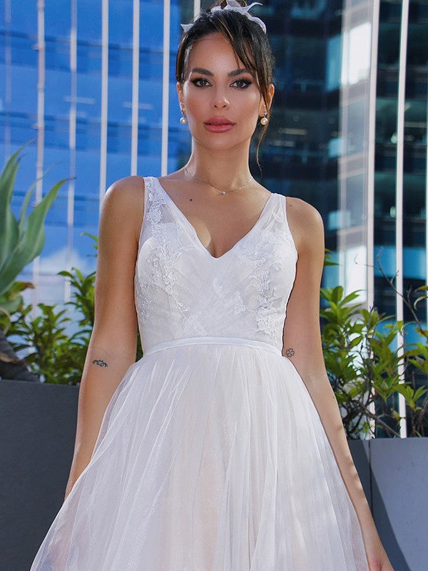 A-Line/Princess Tulle V-neck Applique Sleeveless Sweep/Brush Train Wedding Dresses CICIP0006067