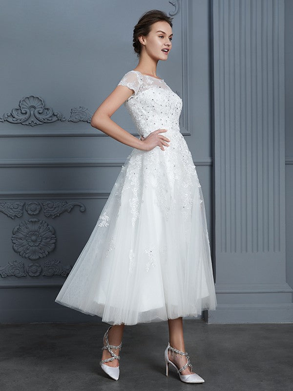 A-Line/Princess Scoop Short Sleeves Tea-Length Beading Tulle Wedding Dresses CICIP0006474