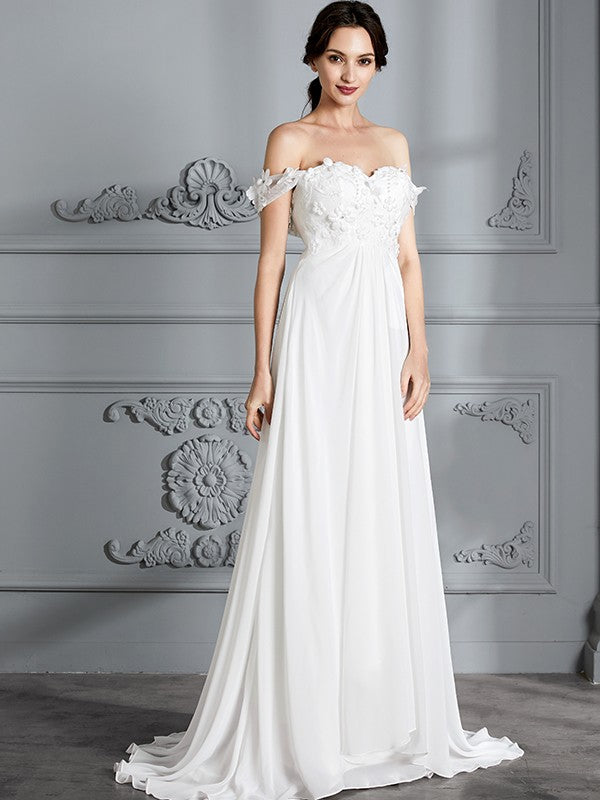 A-Line/Princess Off-the-Shoulder Sleeveless Chiffon Sweep/Brush Train Wedding Dresses CICIP0006370