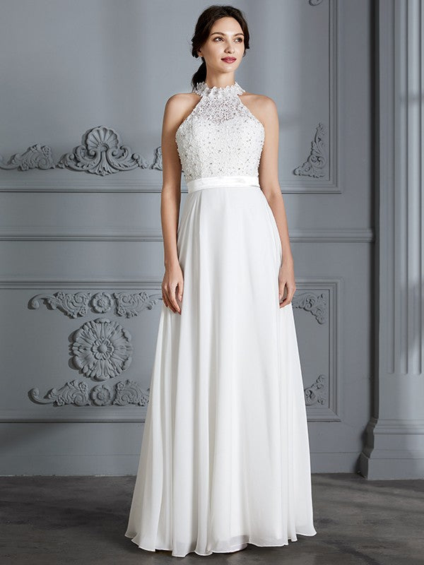 A-Line/Princess Scoop Sleeveless Floor-Length Chiffon Wedding Dresses CICIP0006361