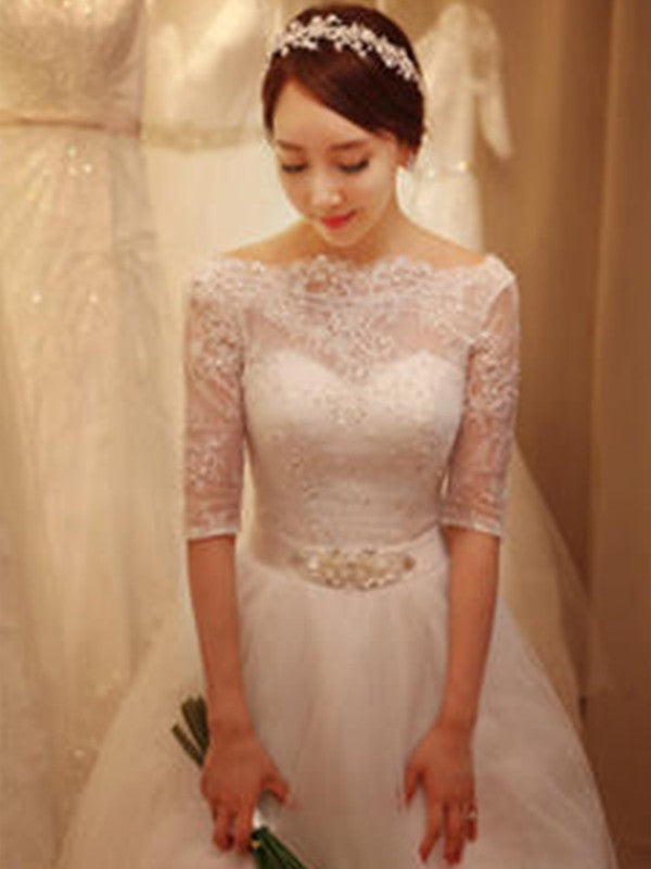 Ball Gown Beading Tulle 1/2 Sleeves Off-the-Shoulder Chapel Train Wedding Dresses CICIP0006722