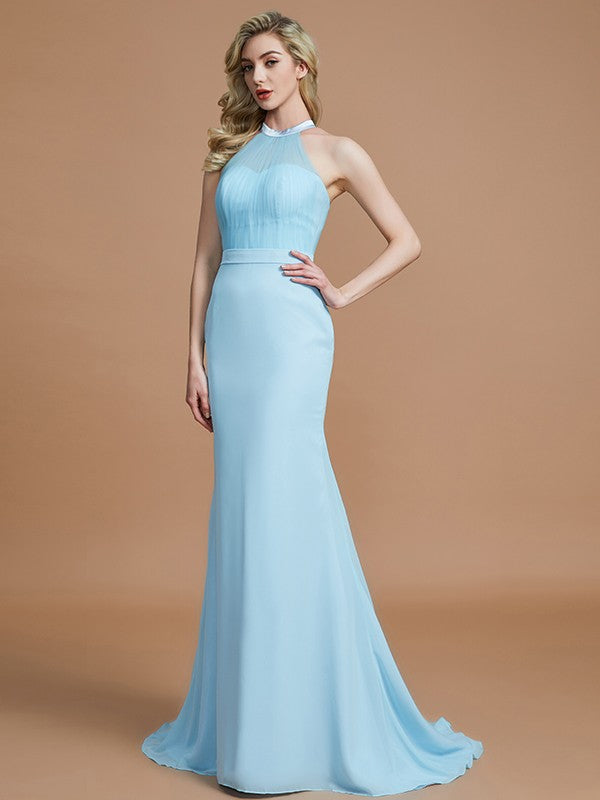 Trumpet/Mermaid Sleeveless Scoop Sweep/Brush Train Chiffon Bridesmaid Dresses CICIP0005142