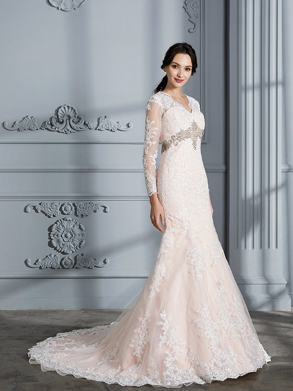 Trumpet/Mermaid V-Neck Beading Long Sleeves Sweep/Brush Train Tulle Wedding Dresses CICIP0006655