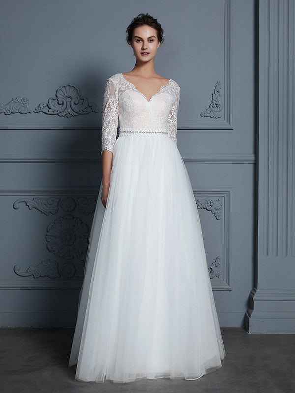 A-Line/Princess V-neck 3/4 Sleeves Floor-Length Lace Tulle Wedding Dresses CICIP0006306