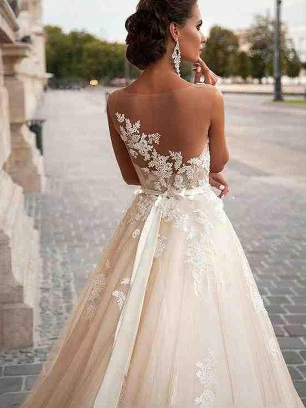 A-Line/Princess Tulle Scoop Applique Sleeveless Court Train Wedding Dresses CICIP0006785