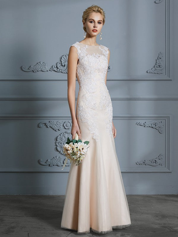 Trumpet/Mermaid Scoop Sleeveless Tulle Applique Floor-Length Wedding Dresses CICIP0006351