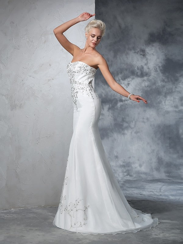 Trumpet/Mermaid Sweetheart Beading Sleeveless Long Satin Wedding Dresses CICIP0006464