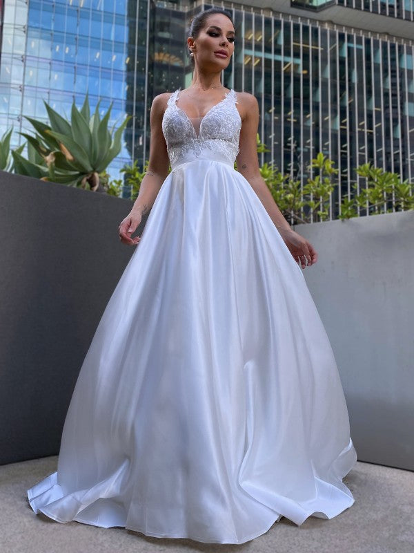 A-Line/Princess V-neck Satin Applique Sleeveless Sweep/Brush Train Wedding Dresses CICIP0006405