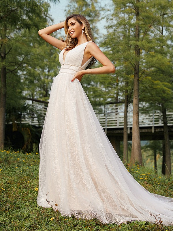 A-Line/Princess Tulle Ruffles V-neck Sleeveless Sweep/Brush Train Wedding Dresses CICIP0006441