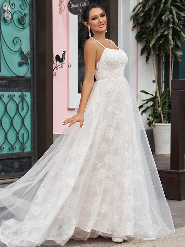 A-Line/Princess Lace Ruffles Spaghetti Straps Sleeveless Sweep/Brush Train Wedding Dresses CICIP0006402