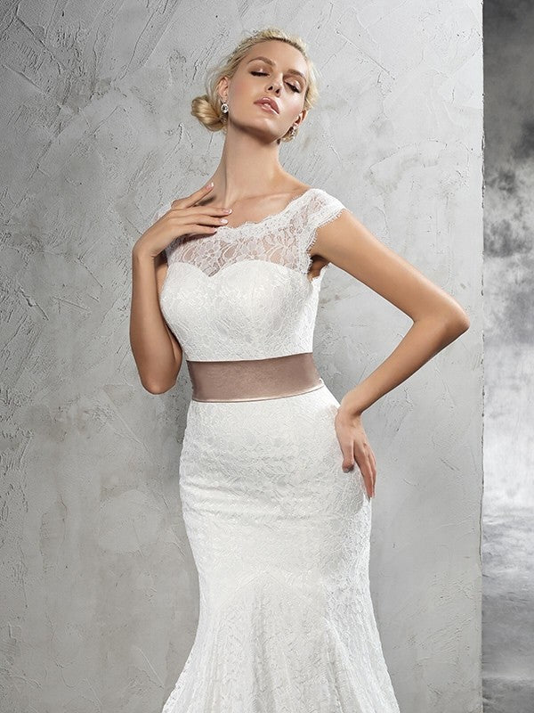 Sheath/Column Sheer Neck Sash/Ribbon/Belt Sleeveless Long Lace Wedding Dresses CICIP0006482