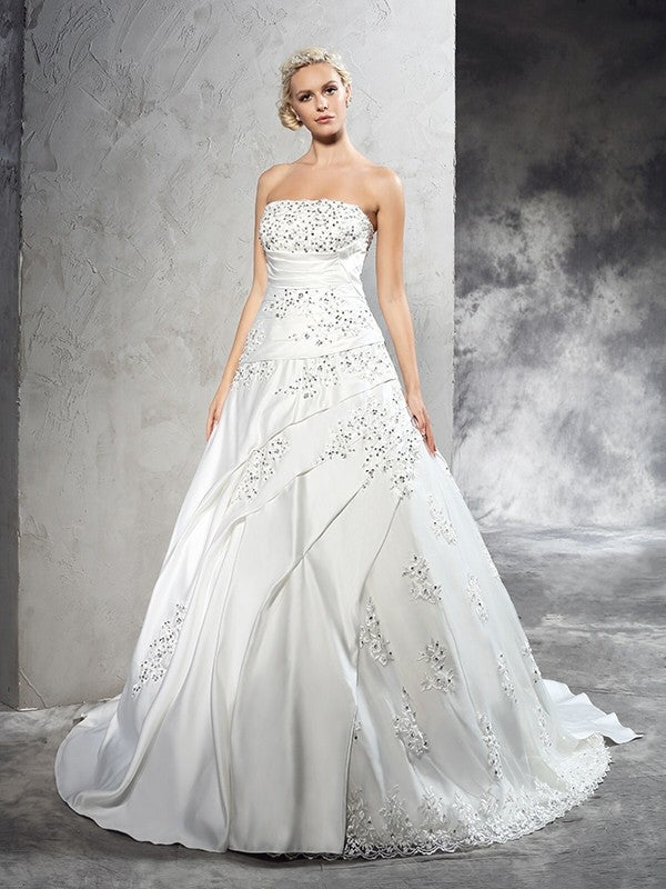 Ball Gown Strapless Beading Sleeveless Long Satin Wedding Dresses CICIP0006385