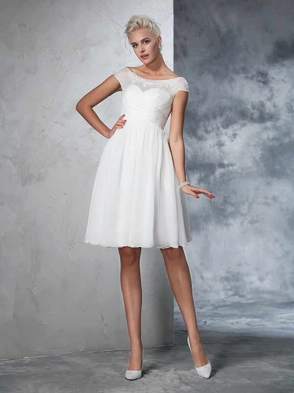 A-Line/Princess Sheer Neck Ruched Short Sleeves Short Chiffon Wedding Dresses CICIP0006652