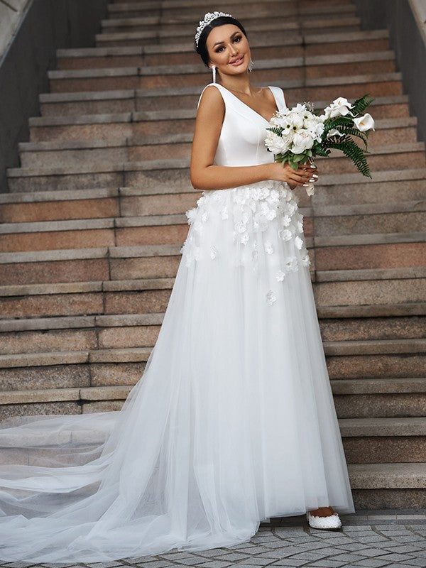 A-Line/Princess Tulle Applique V-neck Sleeveless Sweep/Brush Train Wedding Dresses CICIP0006400