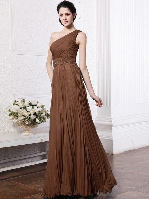 Sheath/Column One-Shoulder Sleeveless Beading Pleats Long Chiffon Bridesmaid Dresses CICIP0005588