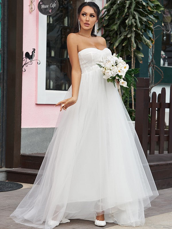 A-Line/Princess Tulle Ruffles Sweetheart Sleeveless Sweep/Brush Train Wedding Dresses CICIP0006504