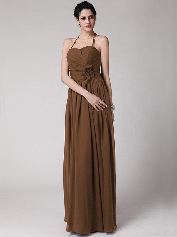 Sheath/Column Halter Sleeveless Hand-Made Flower Long Chiffon Bridesmaid Dresses CICIP0005817