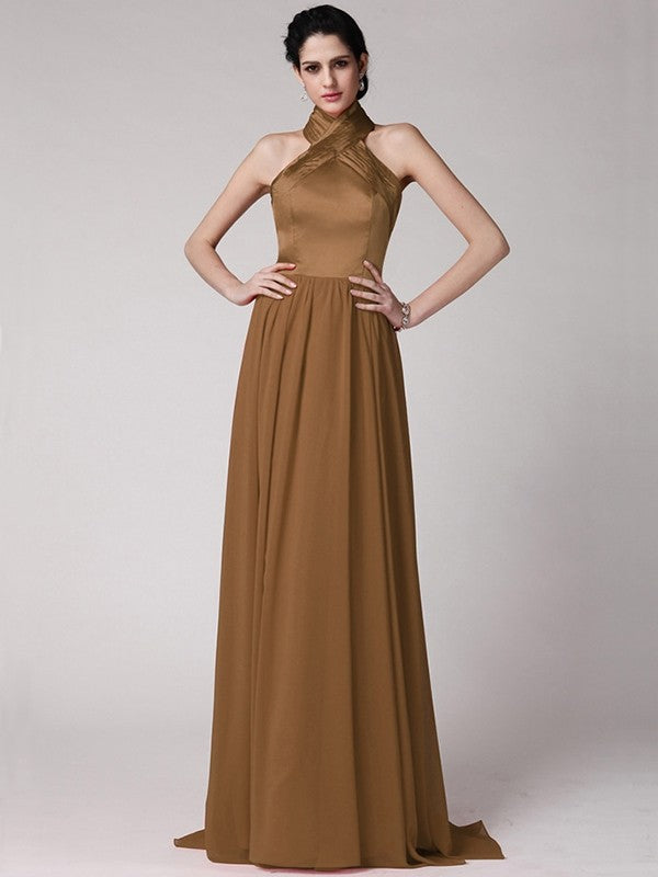 Sheath/Column Halter Sleeveless Pleats Long Elastic Woven Satin Chiffon Bridesmaid Dresses CICIP0005653