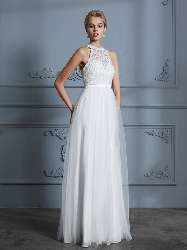 A-Line/Princess Scoop Sleeveless Tulle Floor-Length Wedding Dresses CICIP0006513