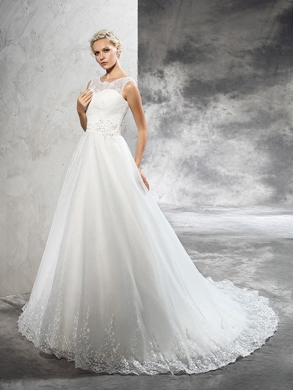 Ball Gown Sheer Neck Sash/Ribbon/Belt Sleeveless Long Net Wedding Dresses CICIP0006639