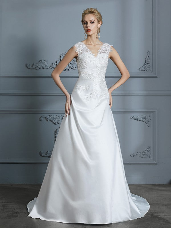 A-Line/Princess V-neck Sweep/Brush Train Sleeveless Applique Satin Wedding Dresses CICIP0006626