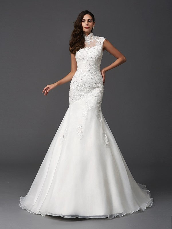 Trumpet/Mermaid High Neck Beading Sleeveless Long Organza Wedding Dresses CICIP0006227