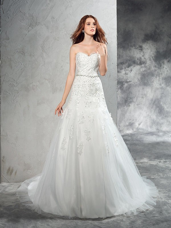 Sheath/Column Sweetheart Applique Sleeveless Long Satin Wedding Dresses CICIP0006806