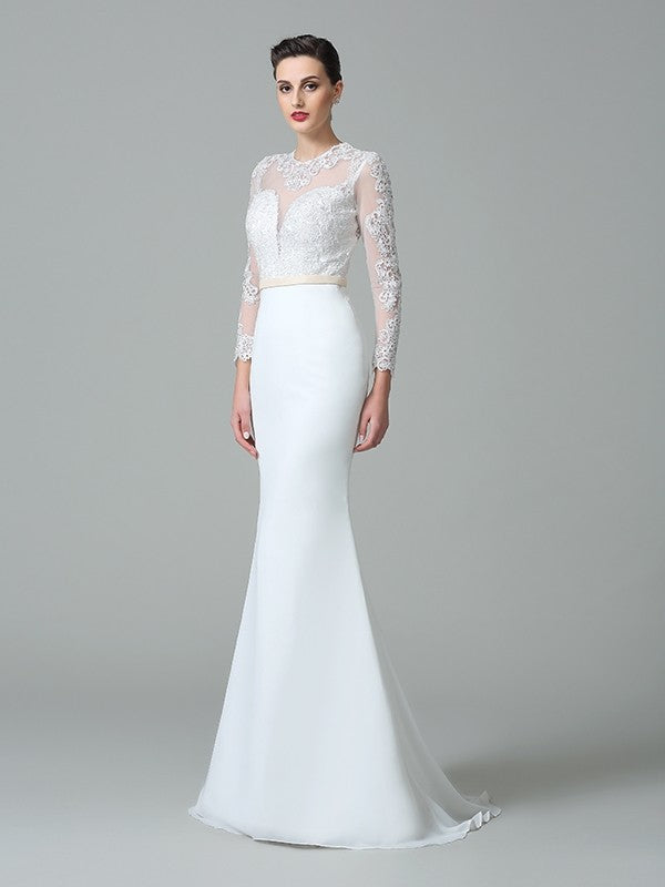 Trumpet/Mermaid Jewel Lace Long Sleeves Long Satin Wedding Dresses CICIP0006249