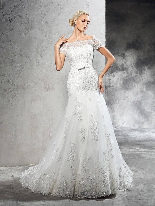 Sheath/Column Off-the-Shoulder Applique Short Sleeves Long Net Wedding Dresses CICIP0006450