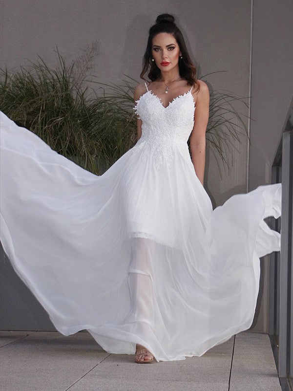 A-Line/Princess Applique Chiffon V-neck Sleeveless Sweep/Brush Train Wedding Dresses CICIP0006445