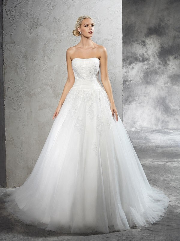 Ball Gown Strapless Applique Sleeveless Long Satin Wedding Dresses CICIP0006676