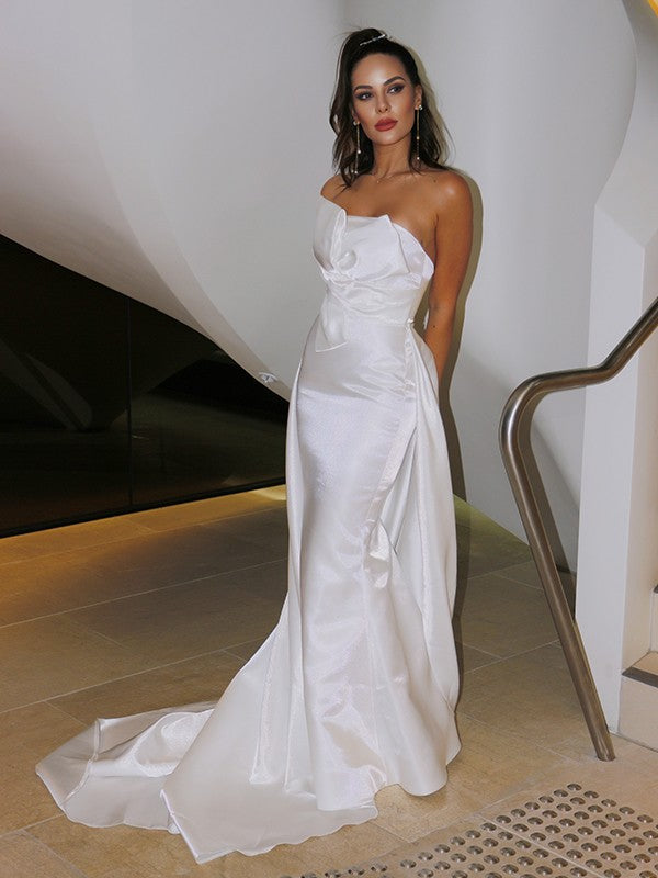 A-Line/Princess Satin Ruched Strapless Sleeveless Court Train Wedding Dresses CICIP0006532