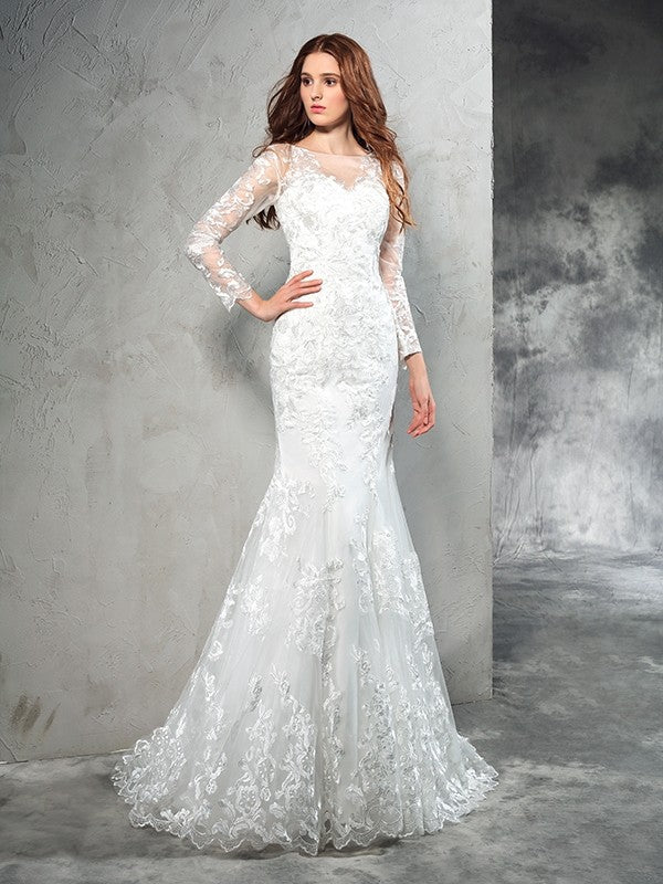 Sheath/Column Sheer Neck Lace Long Sleeves Long Net Wedding Dresses CICIP0006518