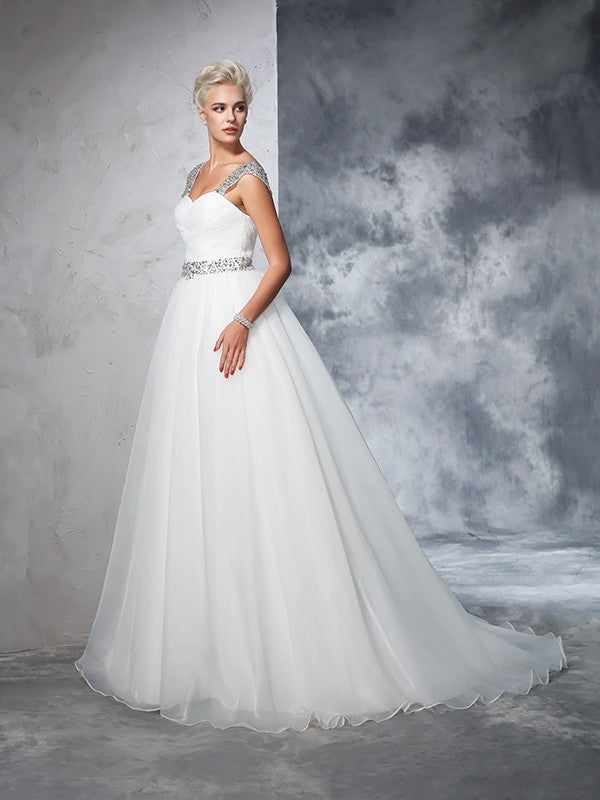 Ball Gown Straps Ruched Sleeveless Long Net Wedding Dresses CICIP0006544