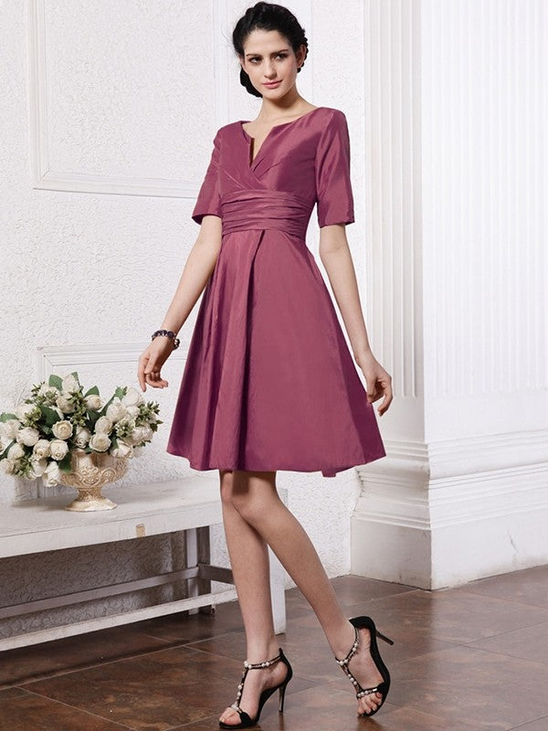 Sheath/Column V-neck Half Sleeves Pleats Taffeta Bridesmaid Dresses CICIP0005658