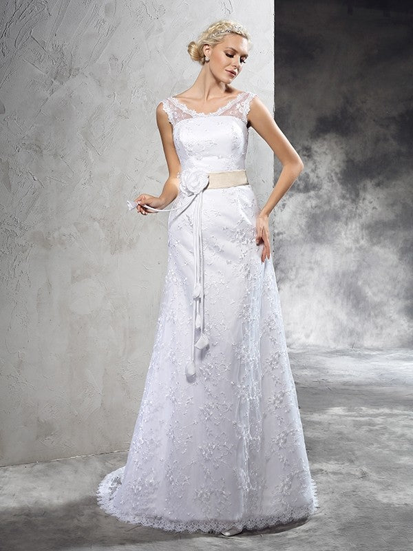 Sheath/Column Sheer Neck Hand-Made Flower Sleeveless Long Satin Wedding Dresses CICIP0006901