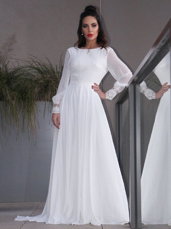 A-Line/Princess Chiffon Ruffles Long Sleeves Scoop Sweep/Brush Train Wedding Dresses CICIP0006511