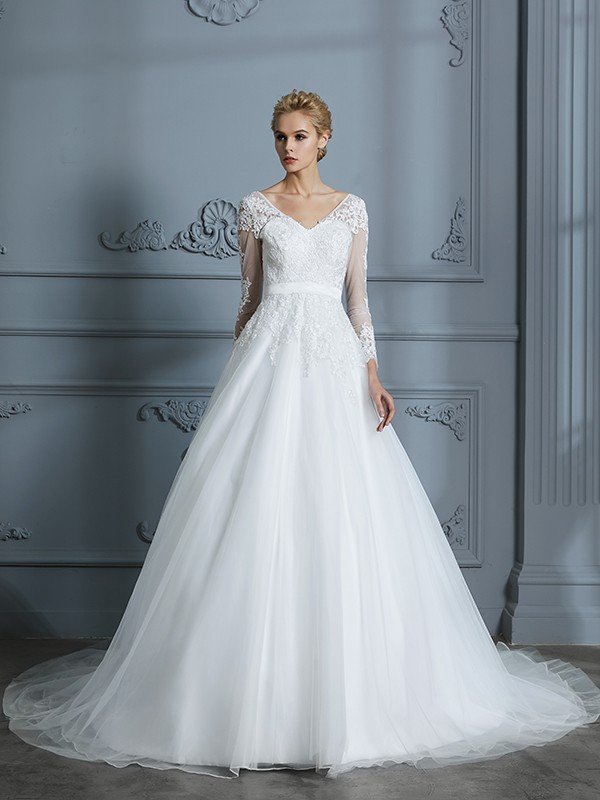 Ball Gown V-neck Long Sleeves Court Train Lace Tulle Wedding Dresses CICIP0006228