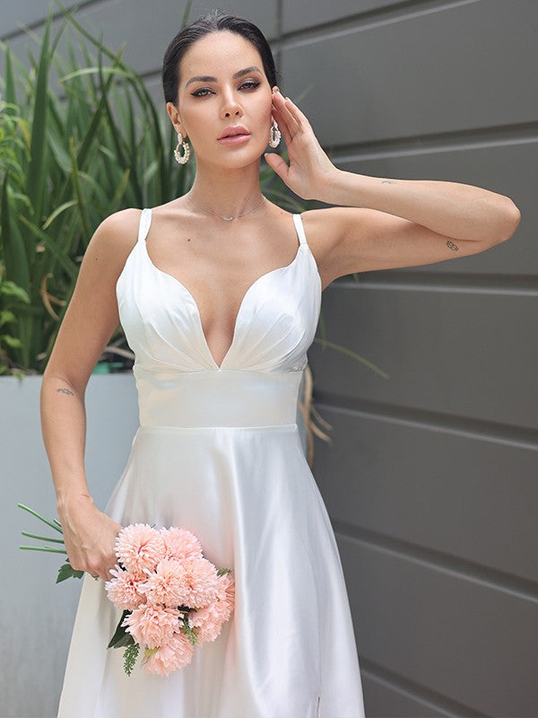 A-Line/Princess Satin Ruched V-neck Sleeveless Sweep/Brush Train Wedding Dresses CICIP0007022